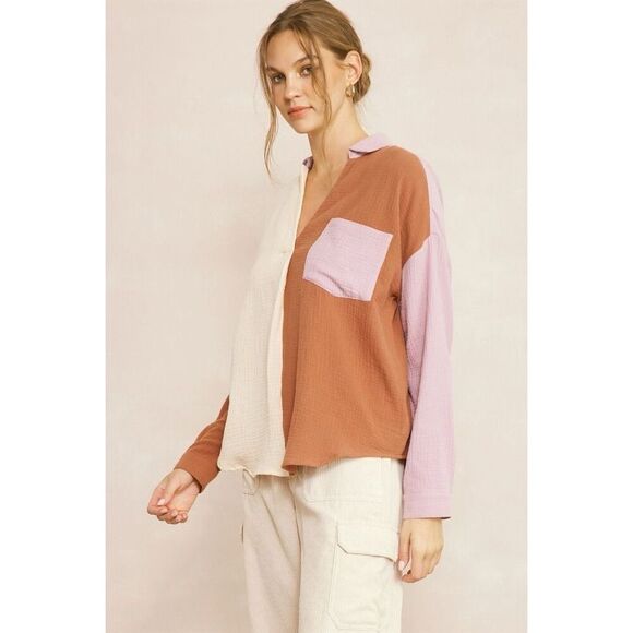 Anthropologie ENTRO Women's Colorblock V-Neck Collared Blouse Size S - Picture 2 of 10